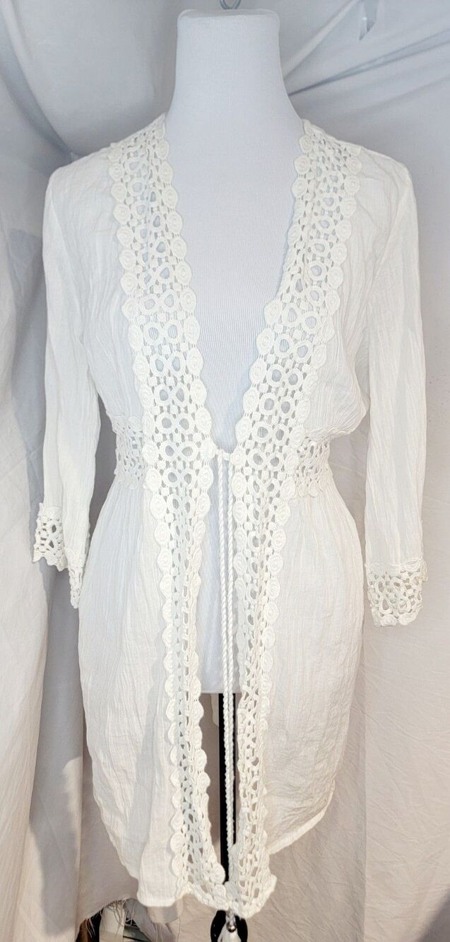 Boho Beach Kimono Womens Small Cream Open Front Duster Crochet Trim Festival